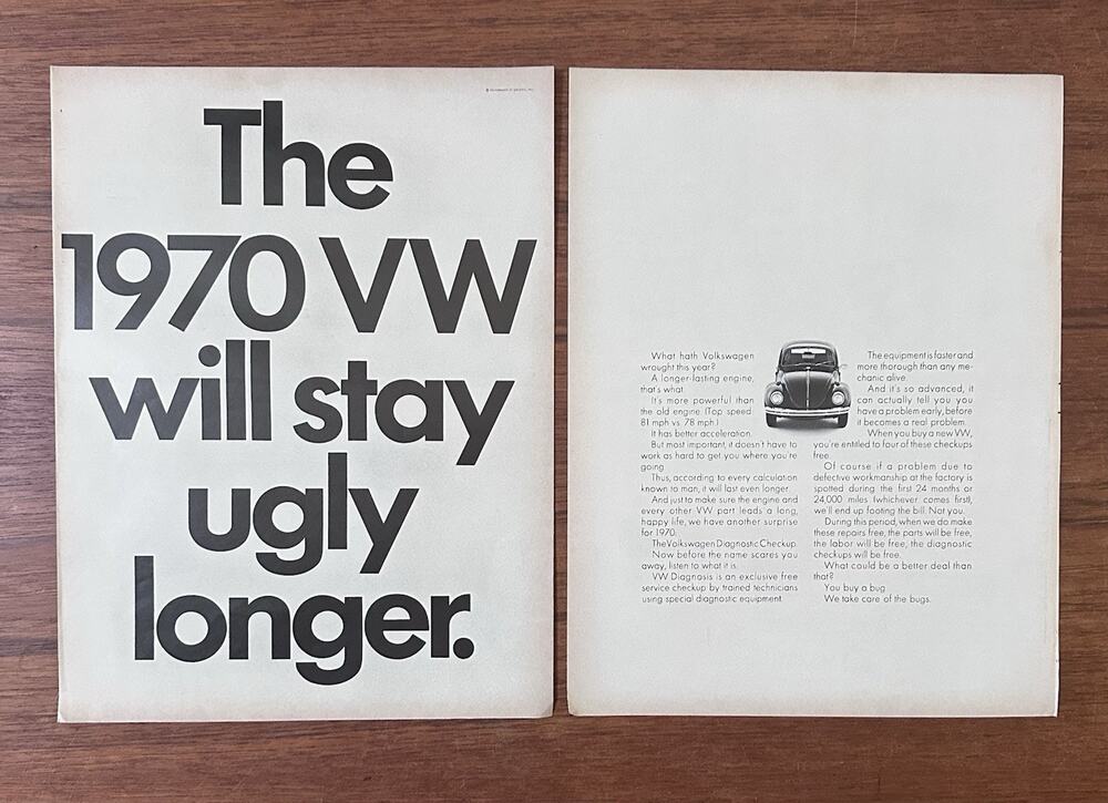 1970 Volkswagen 2-Page Print Ad 1969 Car Automobile Advertisement VW Stay Ugly